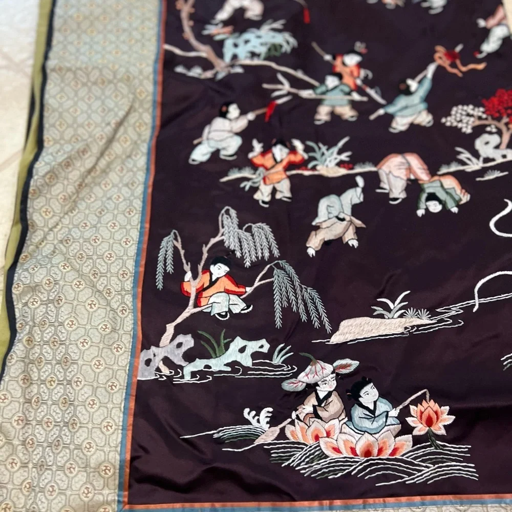 Large Chinese Asian Silk Embroidered Tapestry Wall Hanging Art Panel 36” x 65”
